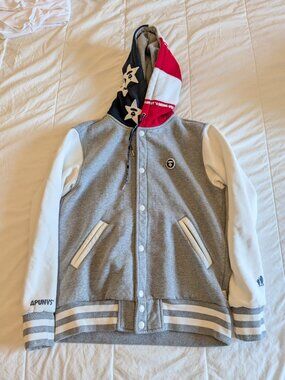 AAPE by A Bathing Ape hooded varsity-style sweatshirt jacket in men’s size M.